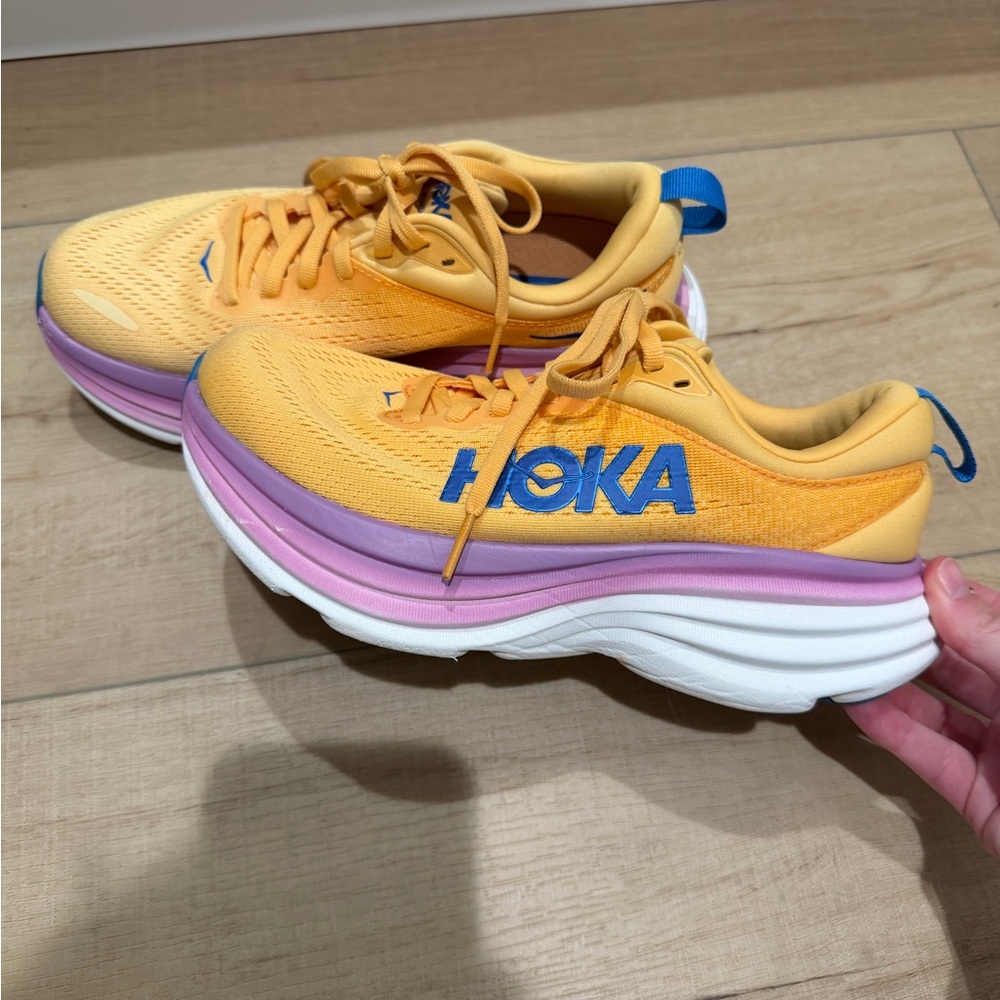 Hoka One One Yellow and Pink Bondi 8 Shoes